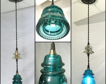 Pendant Light Vintage Glass Aqua Telegraph Insulators single break hanging ceiling light LED dimmable bulb included