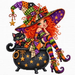 Patrón de punto de cruz de bruja caprichosa, PDF de bruja de Halloween, descarga digital de punto de aguja mágico y acogedor