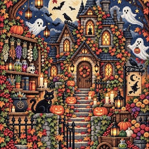 May include: A cross-stitch pattern depicting a spooky house at night with a full moon, bats, and ghosts. The scene features autumn leaves, pumpkins, a black cat, lanterns, and a sign with a witch silhouette. Shelves hold jars, herbs, and a skull.