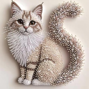 May include: An intricate beaded artwork depicting a cat. The cat is rendered in shades of white, brown, and beige, with a long, curved tail. The artwork is made with small, round beads, and the cat is sitting.