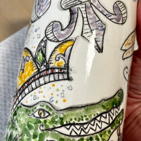 Crowned Alligator Pelican Crab Fleur de Lis Utensil Holder Wine Chiller Vase in Watercolor Sketch Style