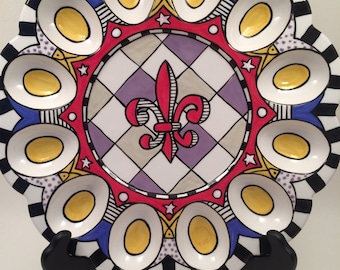 Deviled Egg Serving Tray Red Fleur de Lis Purple Accents