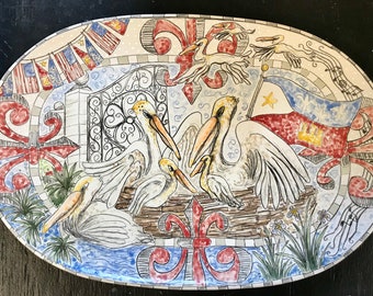 Acadiana Pelicans underglaze pencil sketch style large oval serving platter