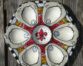 Red Fleur de Lis Half Dozen Oyster Plate