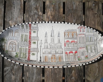 New Orleans Archetecture Inspired Sketch Style Oval Platter
