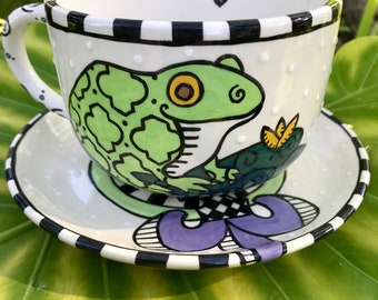 Swamp Frog Latte / Gumbo Cup and Saucer with Purple Fleur de Lis