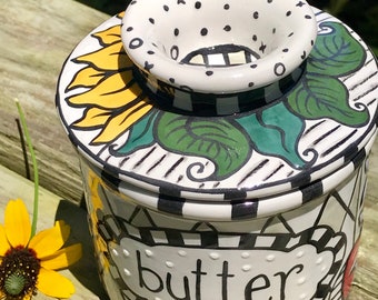 French Butter Keeper with Red Fleur de Lis Blue Bird Honey Comb Stripe Harlequin