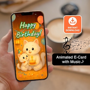 Cartão de aniversário animado com música de gato | Gatinha e sua mãe | Download instantâneo de MP4 digital | Cartão eletrônico de feliz aniversário