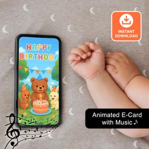 Animated Bear and Bunny Birthday Card - Little Bear Sings, Instant digital MP4 Download.