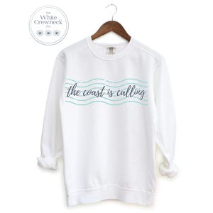 Coastal Wave Graphic Crewneck, Comfort Colors White Sweatshirt, Beachy Minimal Pullover, Ocean-Inspired Shirt, The Coast Is Calling Crewneck