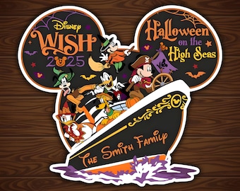 May include: A Mickey Mouse ear-shaped sign featuring Disney Wish 2025 and Halloween on the High Seas text. The design includes cartoon characters in costumes on a ship with The Smith Family written on the hull, accented by bats and spiderwebs.