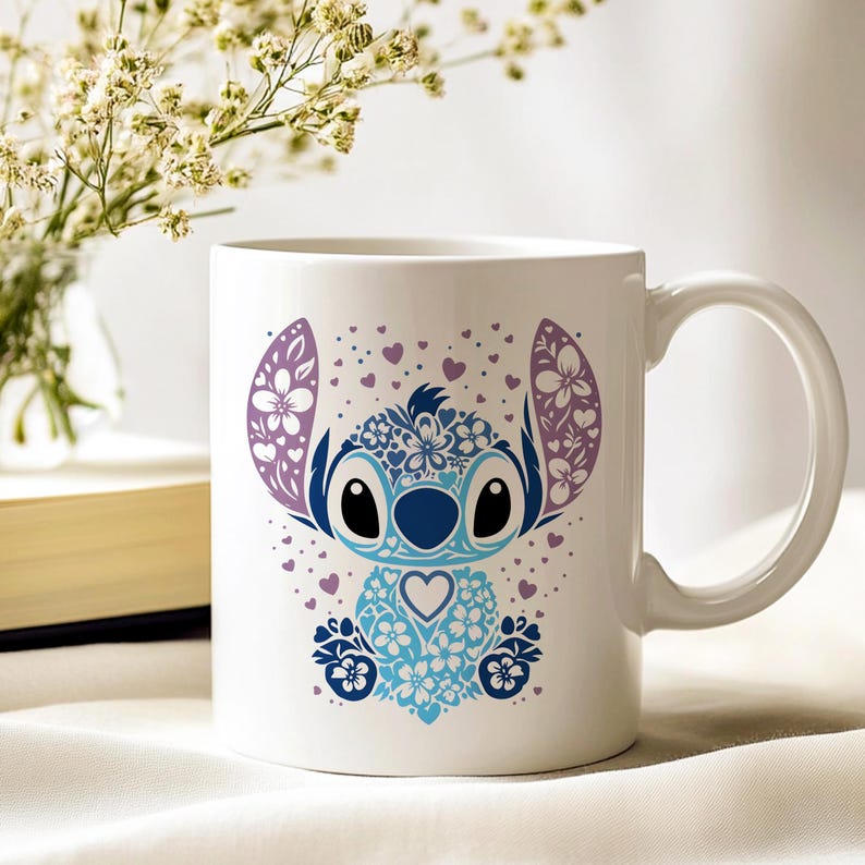 Bedårande blommig Stitch-mugg, Lilo och Stitch-fangåva, söt Disney-kaffekopp bild 2