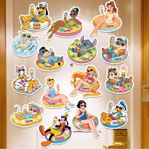 May include: A collection of fifteen die-cut stickers featuring various cartoon characters relaxing on colorful inflatable pool floats while holding ice cream cones. Each sticker includes a designated space labeled Name for personalization.