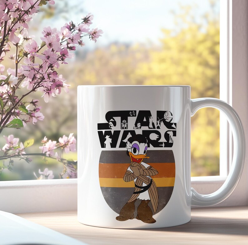 May include: White ceramic mug with a Star Wars theme, featuring a cartoon Daisy Duck character. The mug displays the Star Wars logo in black and a graphic of Daisy Duck in a brown and tan outfit. The background has a striped design in brown, orange, and grey.
