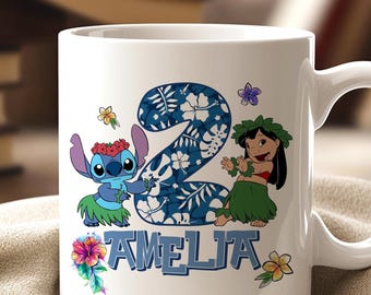 Personalized Lilo and Stitch Birthday Mug - Custom Name and Age Celebration Gift - Ohana Means Family Coffee Cup