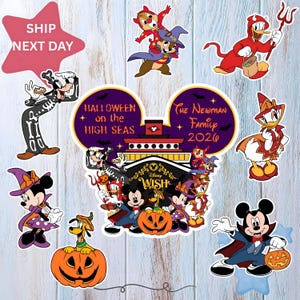 May include: A collection of Disney-themed Halloween stickers featuring Mickey Mouse, Minnie Mouse, Donald Duck, Daisy Duck, Goofy, Pluto, and Chip 'n Dale in costumes. A central emblem displays the text Halloween on the High Seas and The Newman Family 2026.