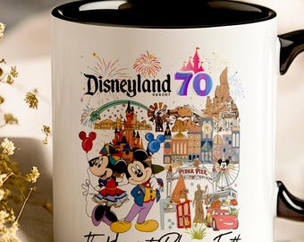 Disneyland 70 Mug - Cute Cartoon Disney Characters Cup with Magical Park Landmarks - The Happiest Place on Earth