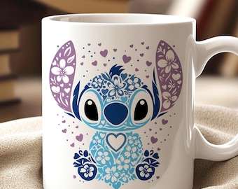 Adorable Floral Stitch Mug, Lilo and Stitch Fan Gift, Cute Disney Coffee Cup