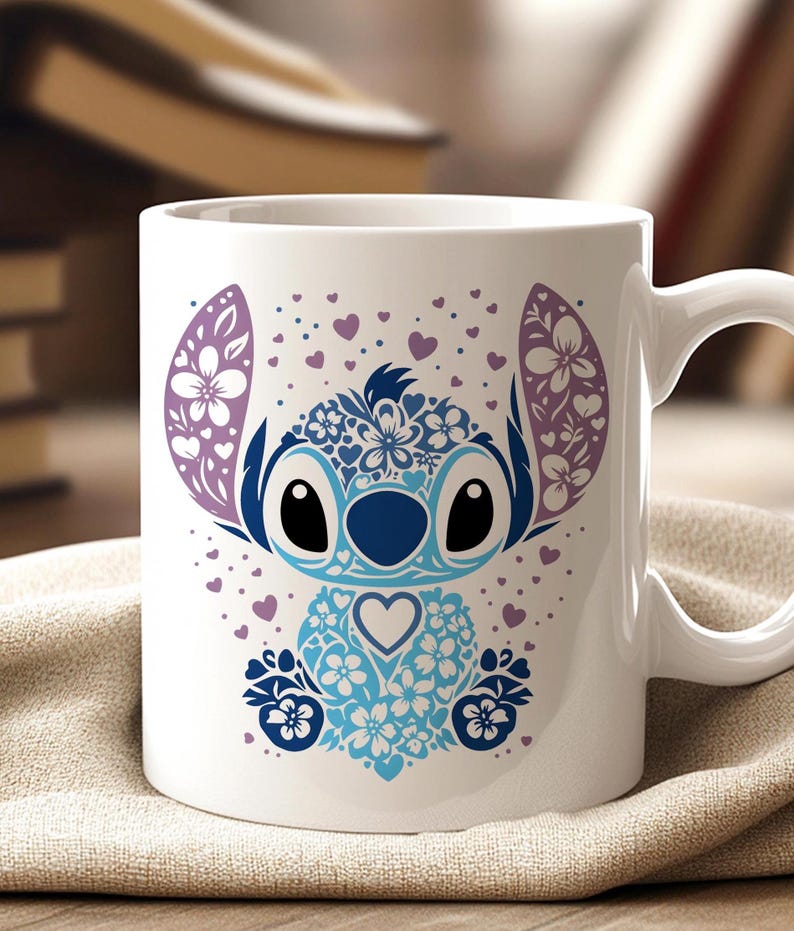 Bedårande blommig Stitch-mugg, Lilo och Stitch-fangåva, söt Disney-kaffekopp bild 1