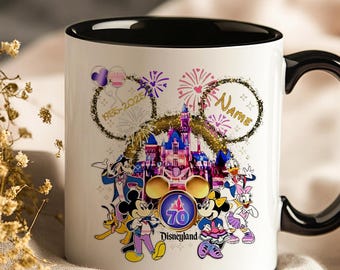Disneyland 70 Years Mug - Personalized Cartoon Castle Cup with Mickey and Friends