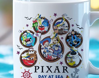 Pixar Cartoon Mug - Day at Sea Character Collage Ceramic Cup for Coffee or Tea - Cute Colorful Gift for Fans