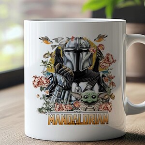Taza de The Mandalorian - Diseño floral con Baby Yoda y el Mandalorian imagen 1