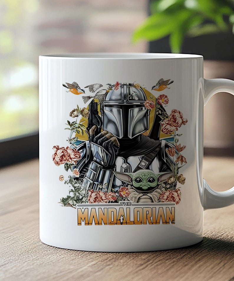 Taza de The Mandalorian - Diseño floral con Baby Yoda y el Mandalorian imagen 1