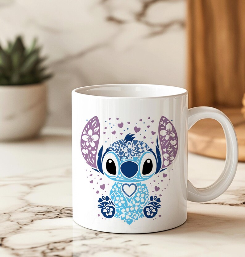 Bedårande blommig Stitch-mugg, Lilo och Stitch-fangåva, söt Disney-kaffekopp bild 3