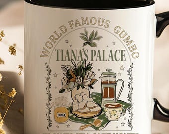 Caneca Tiana's Palace – Presente em estilo café vintage com estampa de chá, bolo e mel