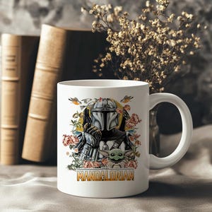 Taza de The Mandalorian - Diseño floral con Baby Yoda y el Mandalorian imagen 2