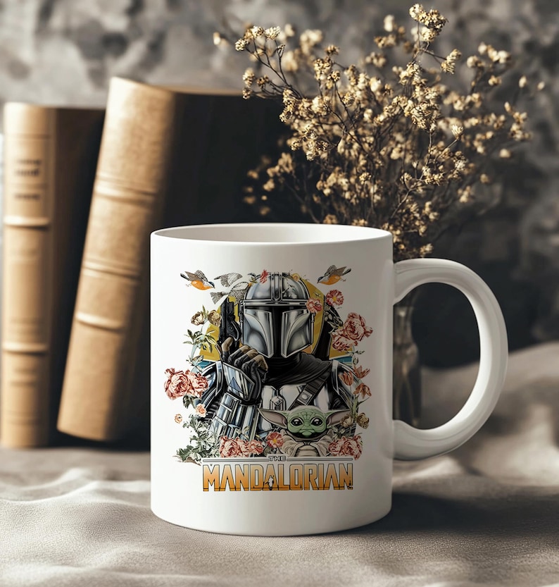 Taza de The Mandalorian - Diseño floral con Baby Yoda y el Mandalorian imagen 2