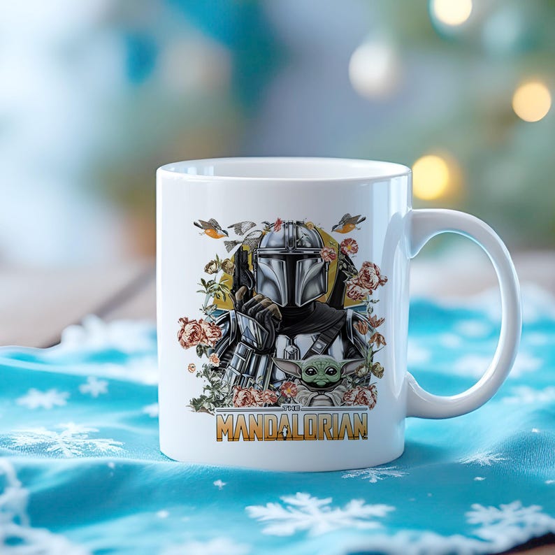 Taza de The Mandalorian - Diseño floral con Baby Yoda y el Mandalorian imagen 4