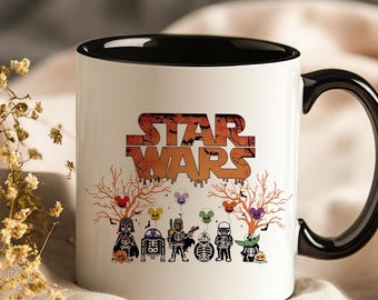 Star Wars Halloween Coffee Mug | Cute Skeleton Character Gift for Friends and Family | Spooky Darth Vader R2D2 Yoda Boba Fett Mug