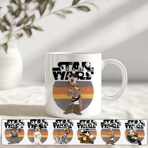 May include: White ceramic mug with a Star Wars logo and a cartoon Daisy Duck character in Jedi attire. The design includes a retro-style orange and yellow striped circle. Additional character designs are shown below the mug.