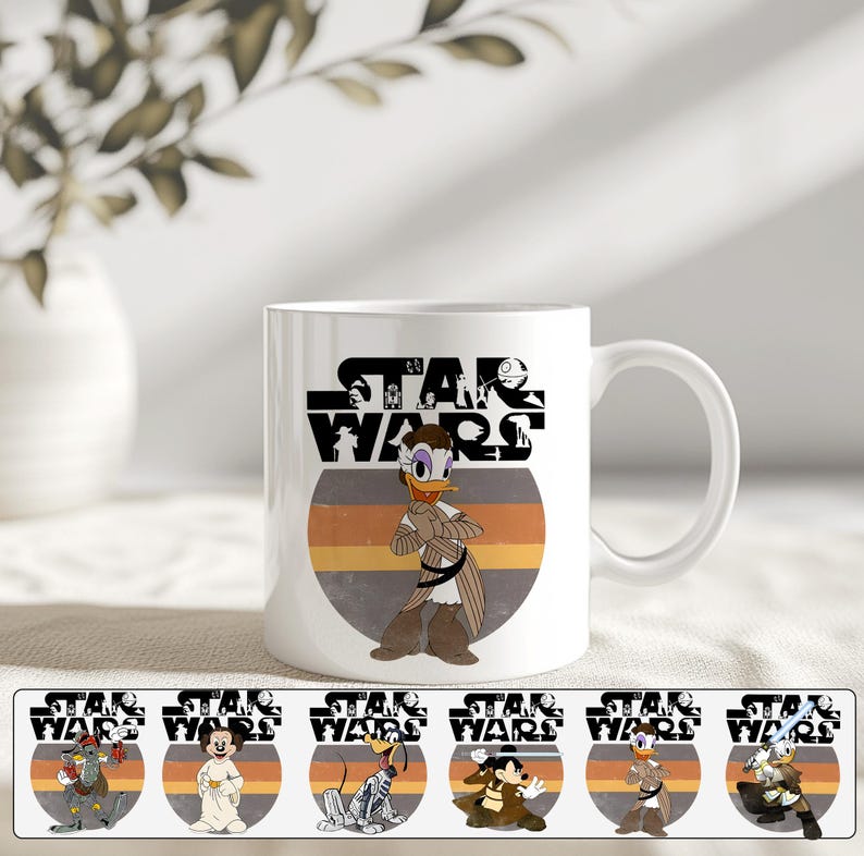 May include: White ceramic mug with a Star Wars logo and a cartoon Daisy Duck character in Jedi attire. The design includes a retro-style orange and yellow striped circle. Additional character designs are shown below the mug.