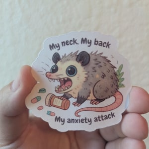 May include: A sticker featuring a cartoon opossum with wide eyes and an open mouth, next to a pill bottle and scattered pills. Text reads "My neck, My back, My anxiety attack."