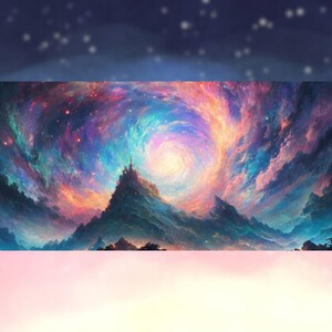 Peut inclure: Impression artistique rectangulaire repr&eacute;sentant une galaxie tourbillonnante avec un ch&acirc;teau au sommet d'une montagne. L'&oelig;uvre pr&eacute;sente un m&eacute;lange de couleurs vives, notamment des bleus, des violets, des oranges et des roses, cr&eacute;ant un paysage c&eacute;leste.