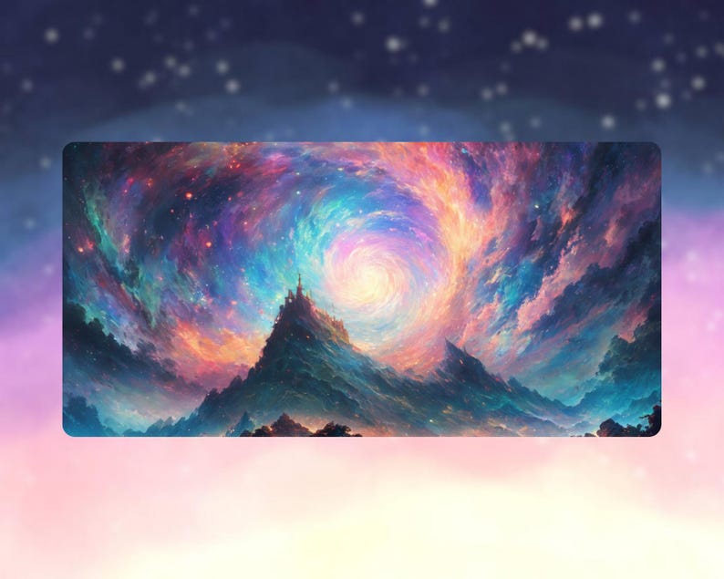 Peut inclure: Impression artistique rectangulaire repr&eacute;sentant une galaxie tourbillonnante avec un ch&acirc;teau au sommet d'une montagne. L'&oelig;uvre pr&eacute;sente un m&eacute;lange de couleurs vives, notamment des bleus, des violets, des oranges et des roses, cr&eacute;ant un paysage c&eacute;leste.