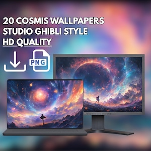 Peut inclure: Image d'un produit num&eacute;rique avec un ordinateur portable et un &eacute;cran d'ordinateur affichant une sc&egrave;ne cosmique vibrante. Le texte indique "20 COSMIS WALLPAPERS STUDIO GHIBLI STYLE HD QUALITY" avec une ic&ocirc;ne de t&eacute;l&eacute;chargement et une ic&ocirc;ne PNG.