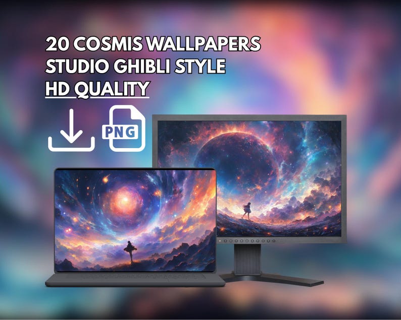 Peut inclure: Image d'un produit num&eacute;rique avec un ordinateur portable et un &eacute;cran d'ordinateur affichant une sc&egrave;ne cosmique vibrante. Le texte indique "20 COSMIS WALLPAPERS STUDIO GHIBLI STYLE HD QUALITY" avec une ic&ocirc;ne de t&eacute;l&eacute;chargement et une ic&ocirc;ne PNG.
