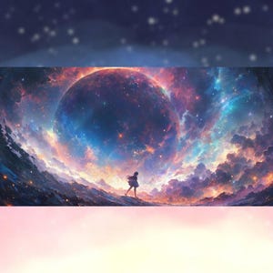 Peut inclure: Impression d'art num&eacute;rique repr&eacute;sentant une personne marchant vers une grande plan&egrave;te brillante dans une n&eacute;buleuse vibrante. L'&oelig;uvre utilise des bleus, des violets, des oranges et des roses, cr&eacute;ant une sc&egrave;ne cosmique et &eacute;th&eacute;r&eacute;e.