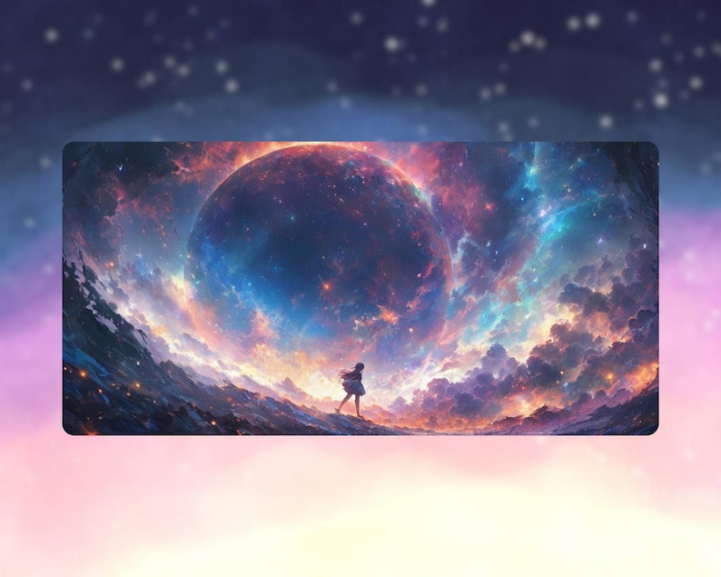 Peut inclure: Impression d'art num&eacute;rique repr&eacute;sentant une personne marchant vers une grande plan&egrave;te brillante dans une n&eacute;buleuse vibrante. L'&oelig;uvre utilise des bleus, des violets, des oranges et des roses, cr&eacute;ant une sc&egrave;ne cosmique et &eacute;th&eacute;r&eacute;e.