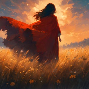 May include: An artistic depiction of a figure in a red cloak, set in a field of tall grass and wildflowers. The sky is a blend of orange and yellow, suggesting a sunset. The artwork evokes a sense of freedom and serenity, with a painterly style.