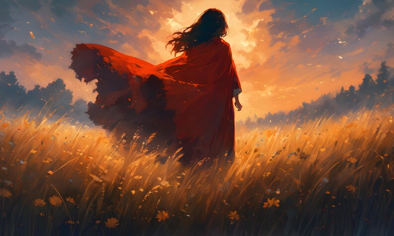 May include: An artistic depiction of a figure in a red cloak, set in a field of tall grass and wildflowers. The sky is a blend of orange and yellow, suggesting a sunset. The artwork evokes a sense of freedom and serenity, with a painterly style.