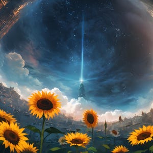 May include: A digital artwork showing a field of sunflowers with vibrant yellow petals and dark brown centres. The flowers are in the foreground, with a surreal sky and cityscape in the background. A beam of light shines down from the sky.