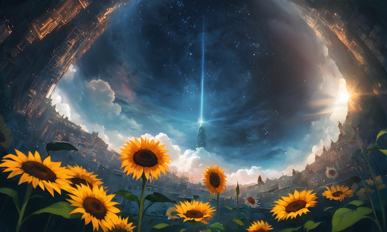 May include: A digital artwork showing a field of sunflowers with vibrant yellow petals and dark brown centres. The flowers are in the foreground, with a surreal sky and cityscape in the background. A beam of light shines down from the sky.