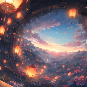 May include: An artistic illustration of a circular structure with numerous orange lanterns hanging from the ceiling. The center reveals a sunset over mountains, with a blue and pink sky. The scene evokes a sense of peace.