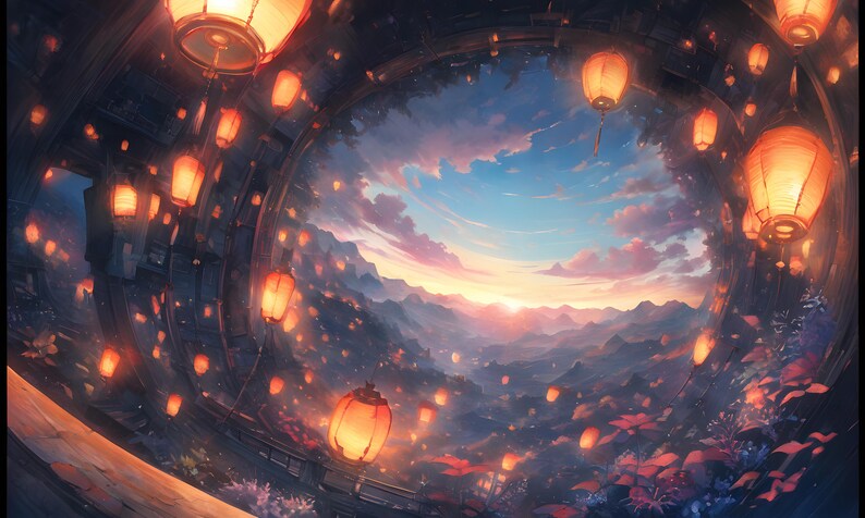 May include: An artistic illustration of a circular structure with numerous orange lanterns hanging from the ceiling. The center reveals a sunset over mountains, with a blue and pink sky. The scene evokes a sense of peace.