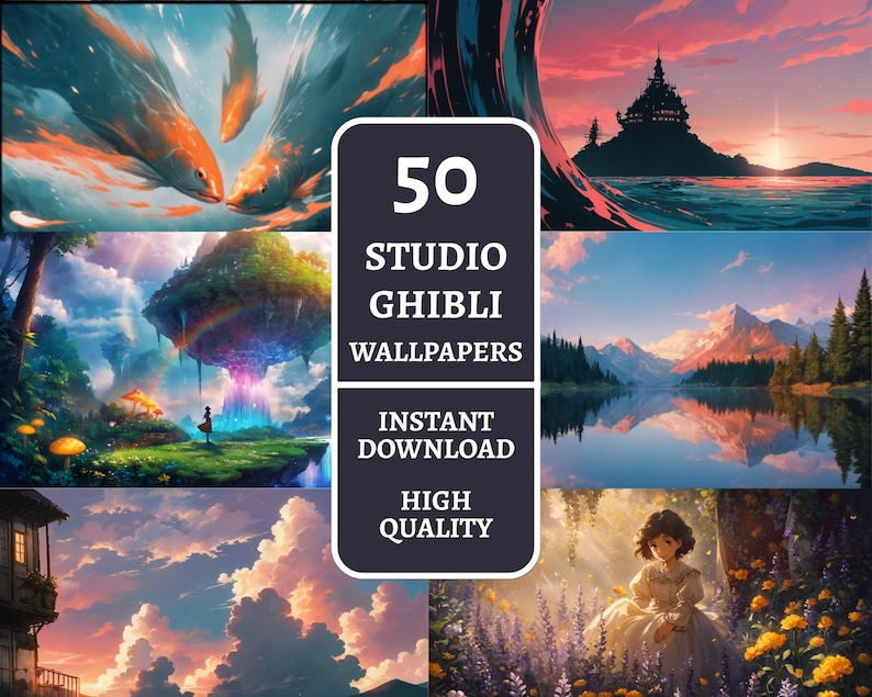 May include: A digital art collection featuring 50 Studio Ghibli wallpapers. The image showcases various scenes with vibrant colours, including landscapes, fantasy settings, and a girl in a field of flowers. The text on the image says "50 Studio Ghibli Wallpapers, Instant Download, High Quality."