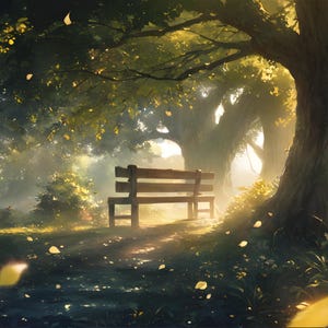 May include: A tranquil landscape painting of a park scene. A wooden bench is positioned under a large tree with sunlight filtering through the leaves. Yellow leaves drift in the air, and the path is lit by the sun.